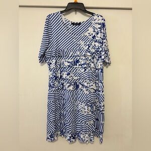 Tango Mango Blue & White Patterned Tiered Ruffle Stretchy Women's Dress 2XL